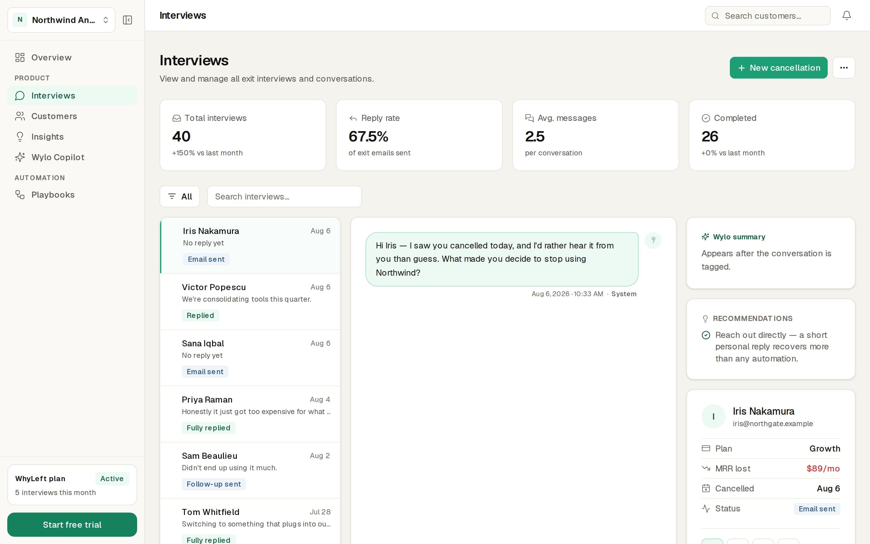 WhyLeft's an exit interview, showing sample data